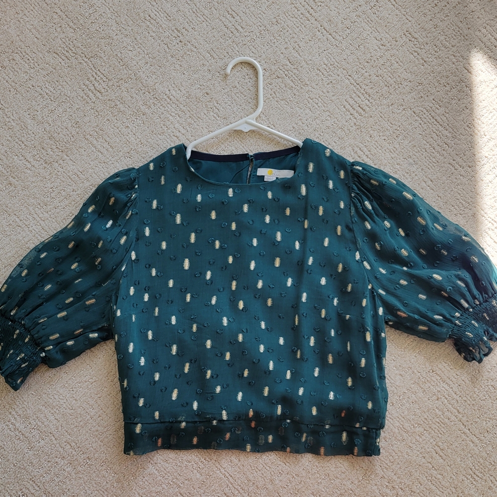 Boden Green Cropped Gold Metallic Cropped Blouse w/ Elastic Bottom Ruched